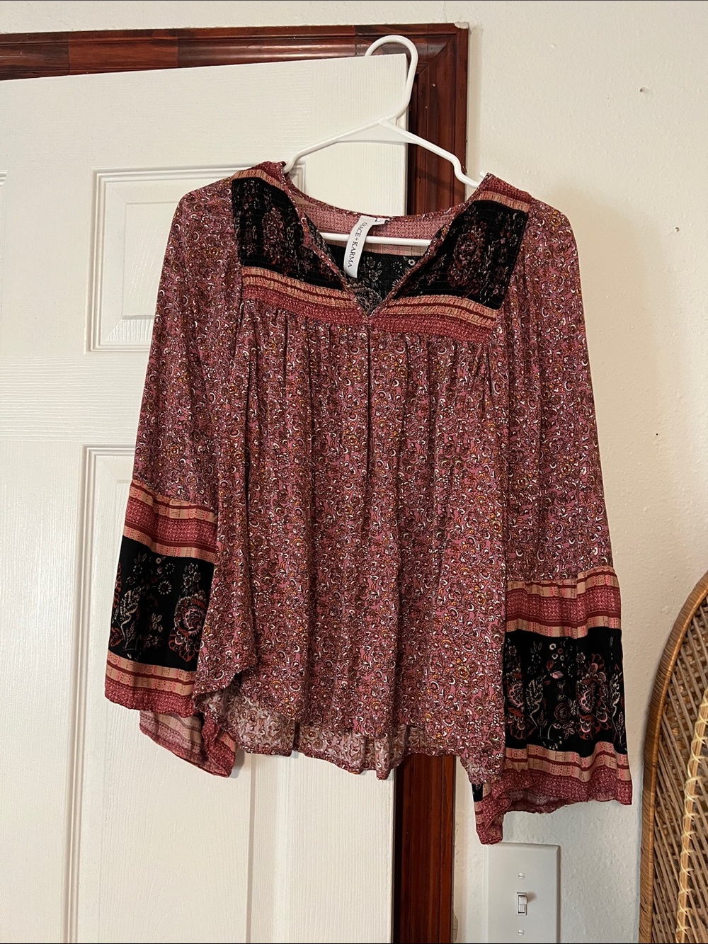 Boho Peasant Tunic in Mauve Pink with Black Lace Trim